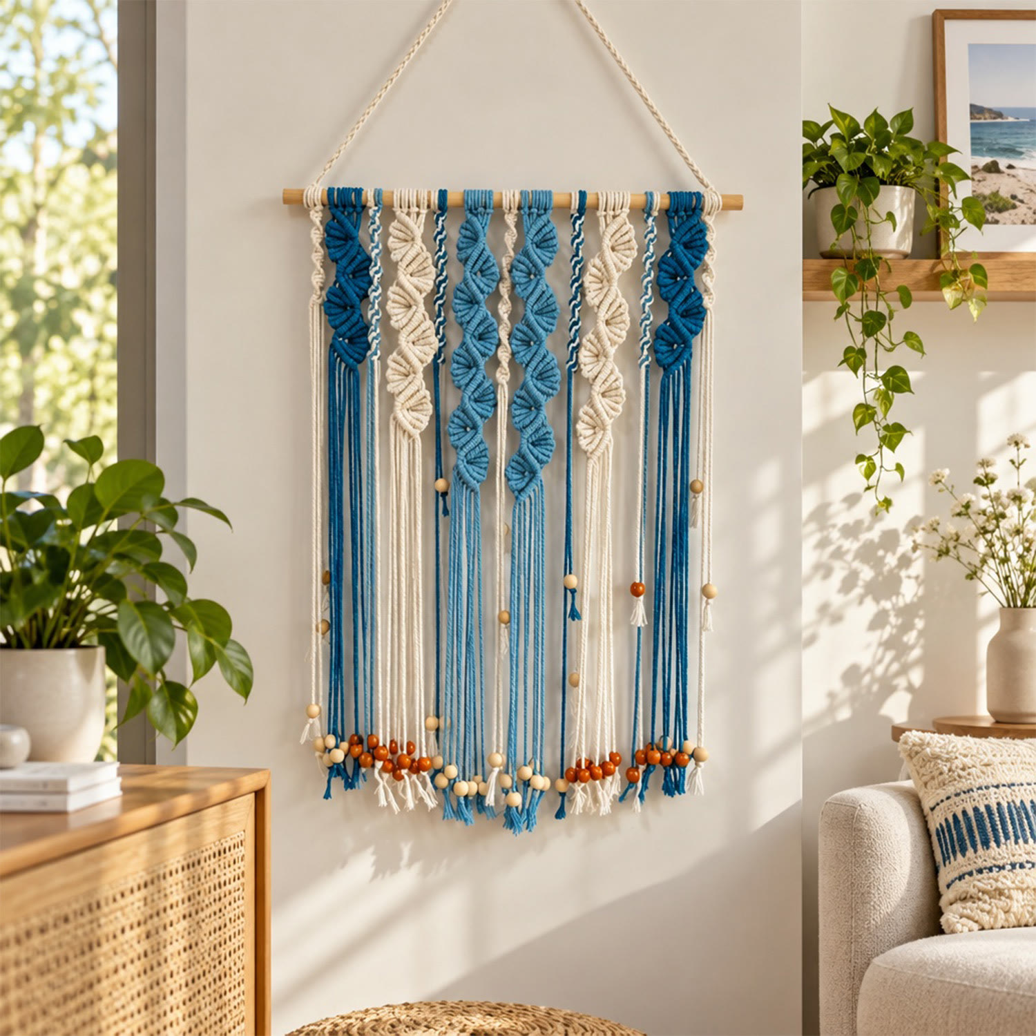 Rubbyoo Blue Ivory Macrame Wall Hanging - Stylish Decoration For Bedroom | Elegant Boho Enterway Decor - 50*66 cm - image 1