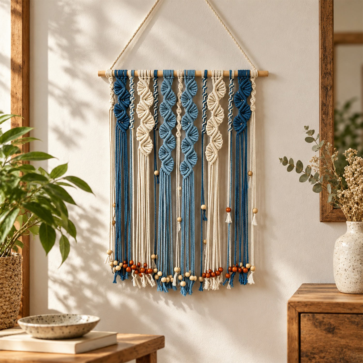 Rubbyoo Blue Ivory Macrame Wall Hanging - Stylish Decoration For Bedroom | Elegant Boho Enterway Decor - image 2