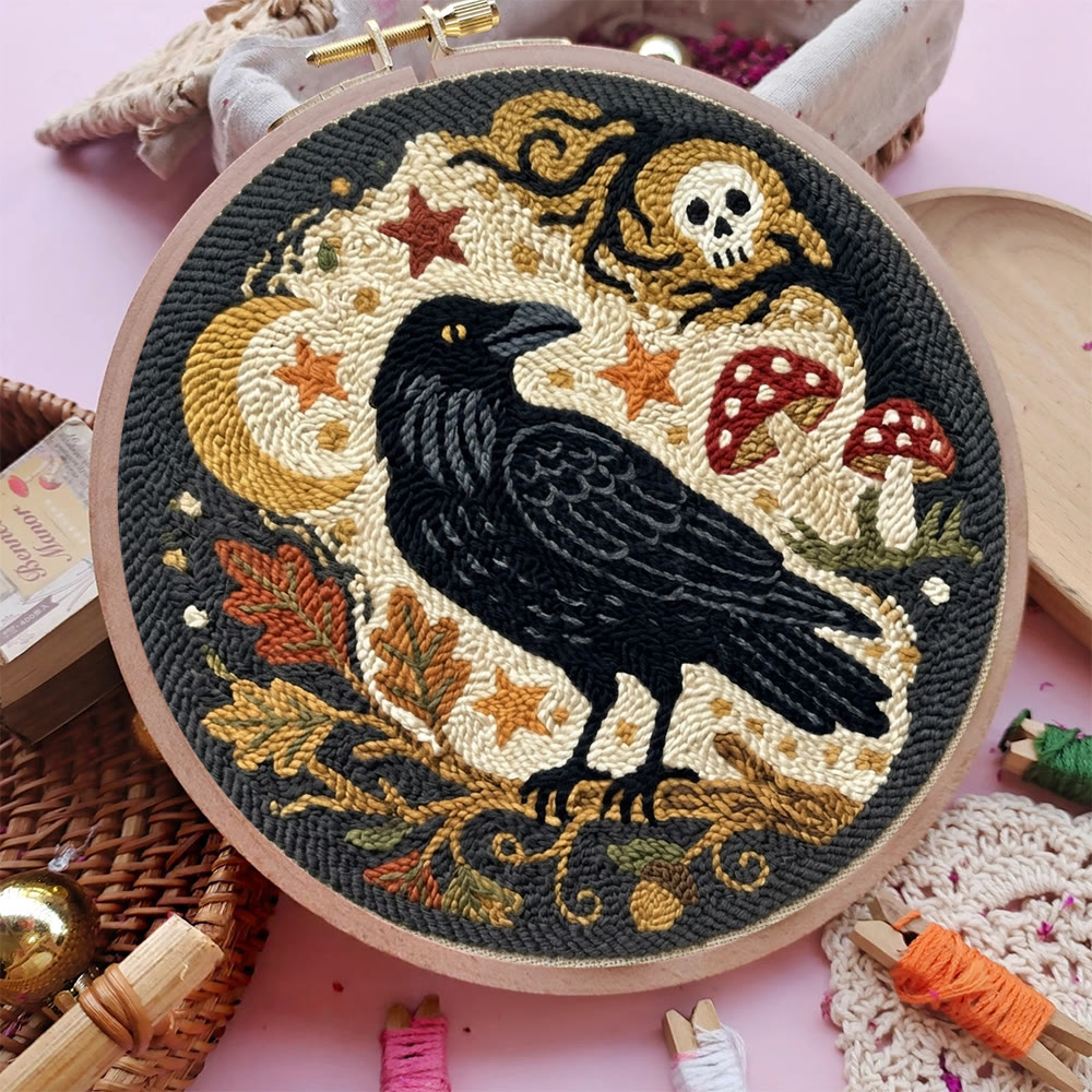 Midnight Crow Punch Needle Kit - Gothic Woodland Crow Graphic | Handmade Halloween Craft Project - image 2