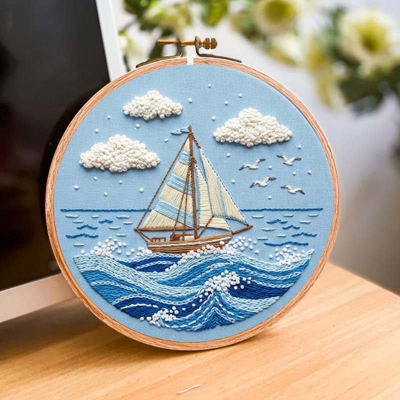 Rubbyoo Embroidery Kit - Sailboat On The Sea | Blue Toned Home Decor | Unique Nautical Gift For Her - image 4