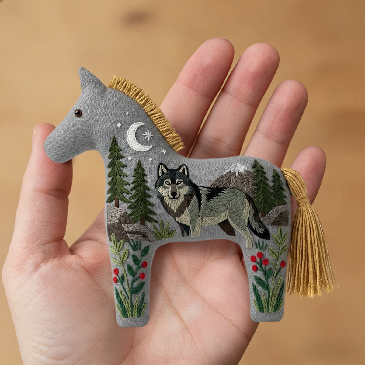 Rubbyoo Dala Horse Embroidery Kit - Grey Wolf And Mountain | Unique Handmade Gift | Car Rearview Mirror Hanging Accessory - image 8
