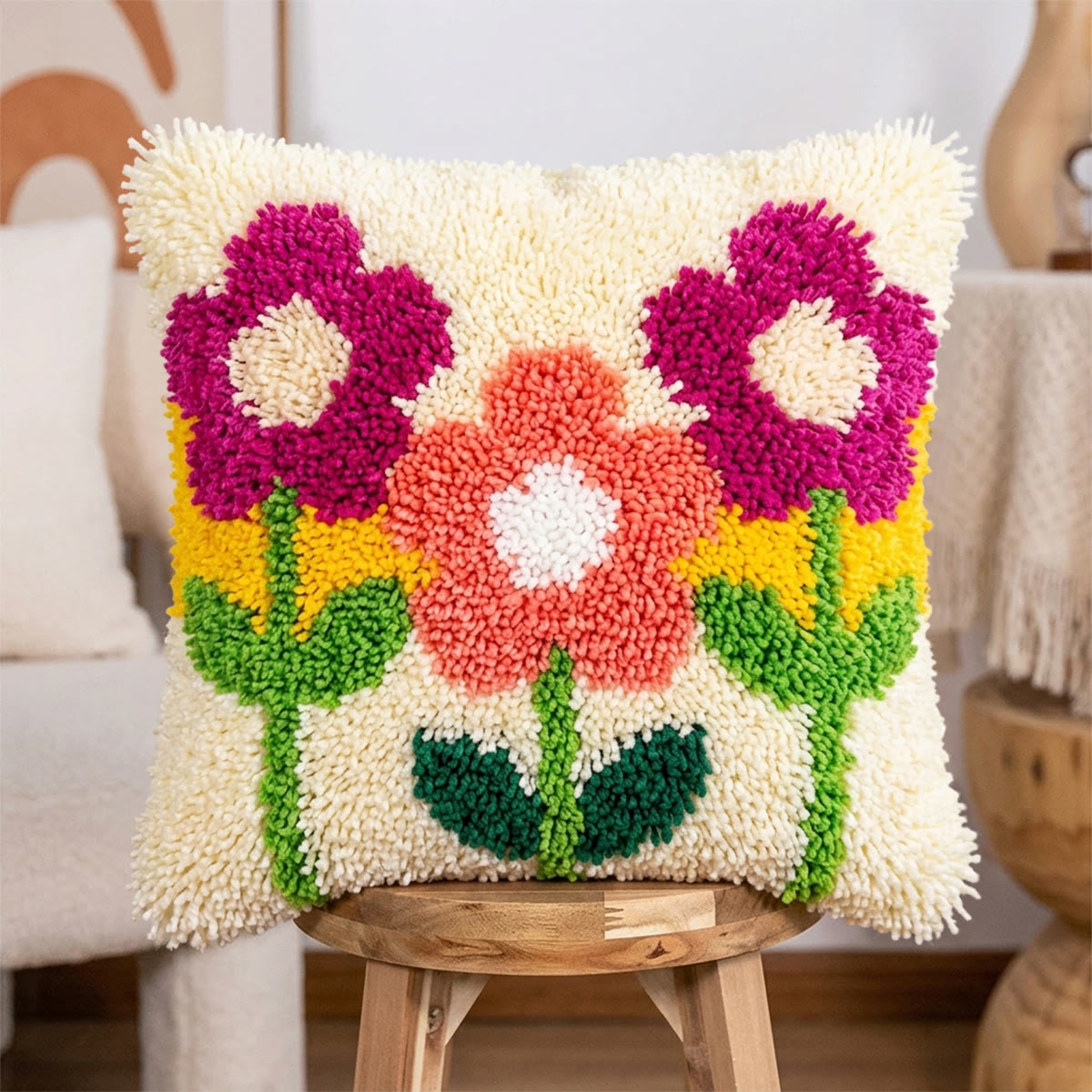 Rubbyoo Latch Hook Pillow Kit - Bright Flowers |  Vibrant Yarn Craft |  Nice Living Room Ornament  - image 4