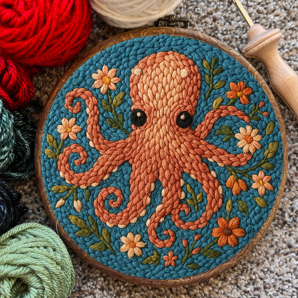 Floral Octopus Punch Needle Kit - Diy Punch Needle Coaster | Whimsical Handmade Artwork | Creative Gift For Friends - image 8