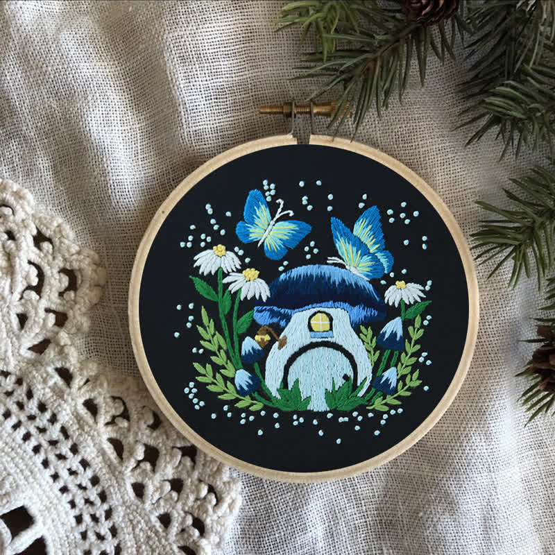 Rubbyoo Embroidery Kit - Blue Dreamy Glowing Mushroom House - image 8