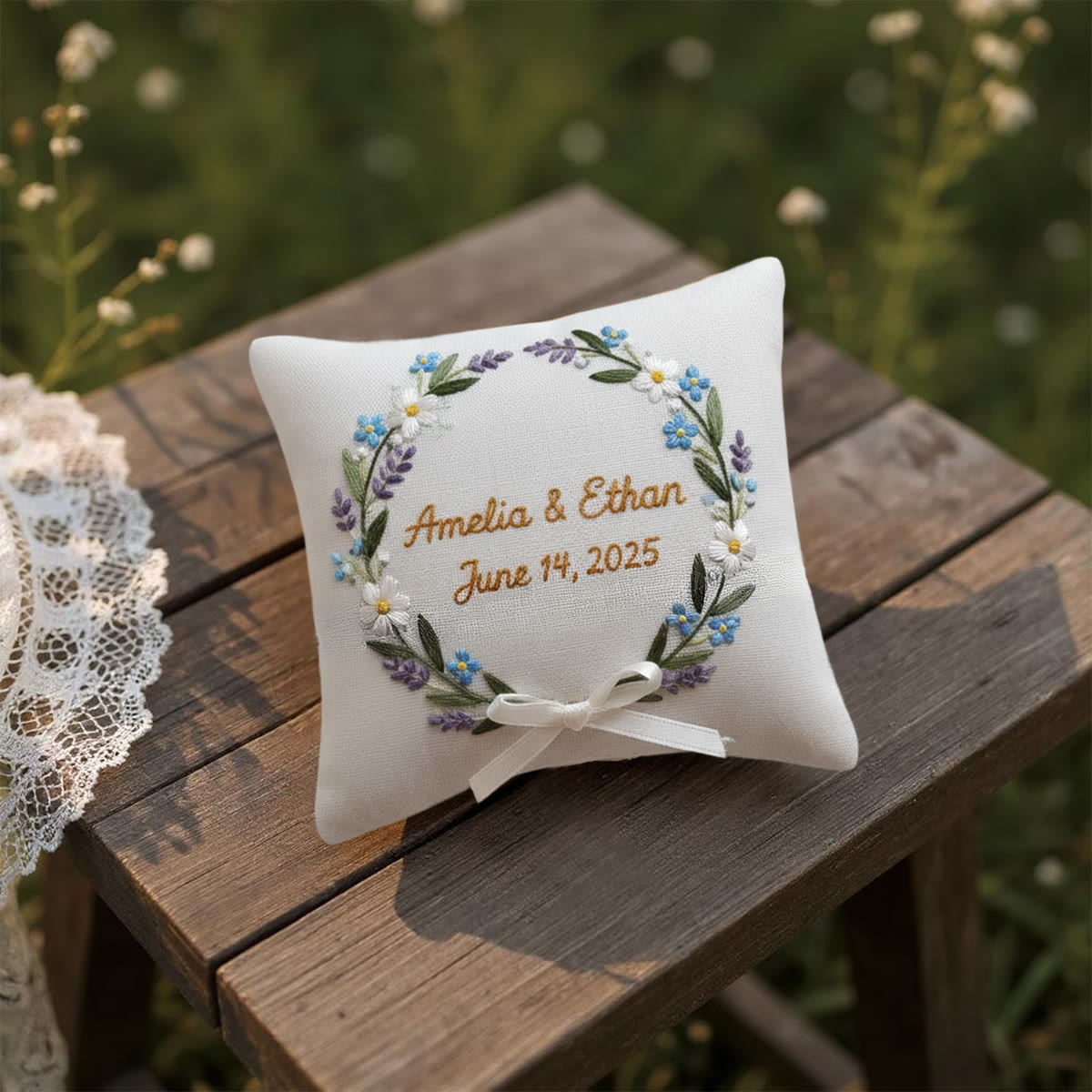 Rubbyoo Personalized Ring Bearer Pillow Embroidery Kit - Blue Daisy Lavender Wreath | Gift-giving Handcraft | Special Date Celebrations - image 11