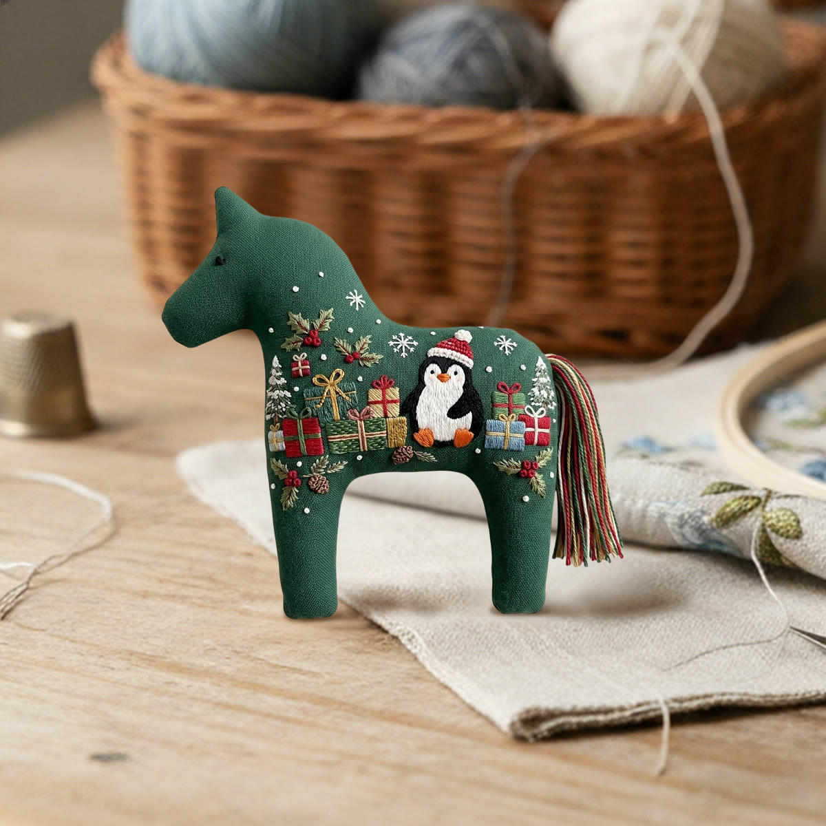 Rubbyoo Dala Horse Embroidery Kit - Penguins With Lots Of Gifts | Cozy Christmas Shelf Decor | Adorable Nursery Room Hoop Art - image 2