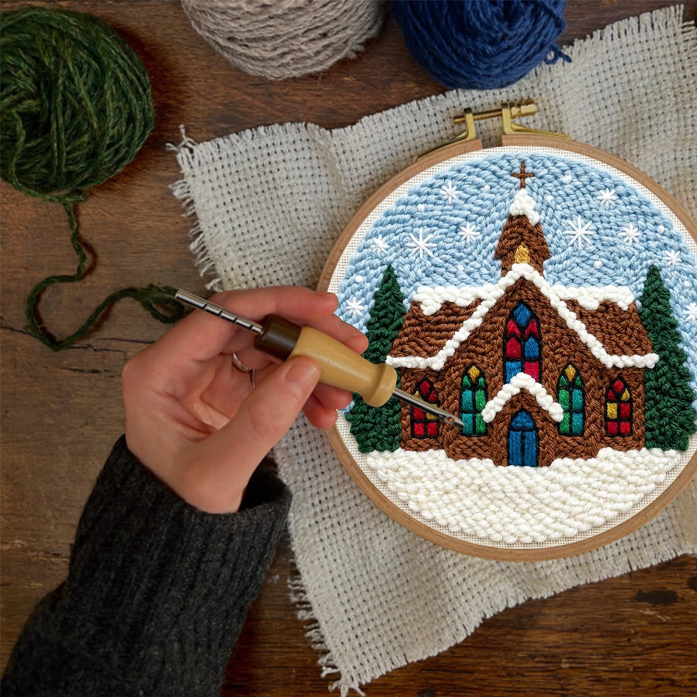 Snowy Stained-glass Church Punch Needle Kit – Novice Needlecraft Hoop | Cozy Winter Home Hanging - image 12