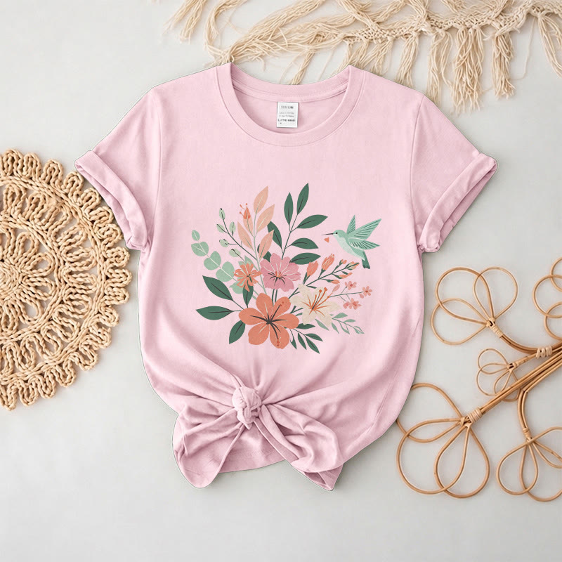 Rubbyoo Wonderful Garden  Graphic Tee  - Artistic  Hummingbird & Flower Pattern  | Summer Lightweight Casual Wear - Pink - 2XL - image 9