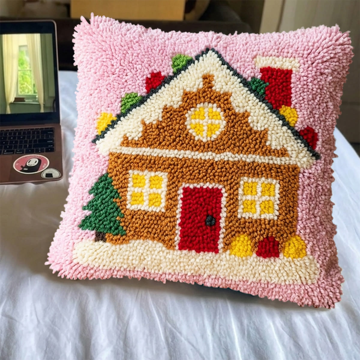 Rubbyoo Latch Hook Pillow Kit - Pink Gingerbread House | Unique Birthday Craft | Diy Cushion Cover - image 3