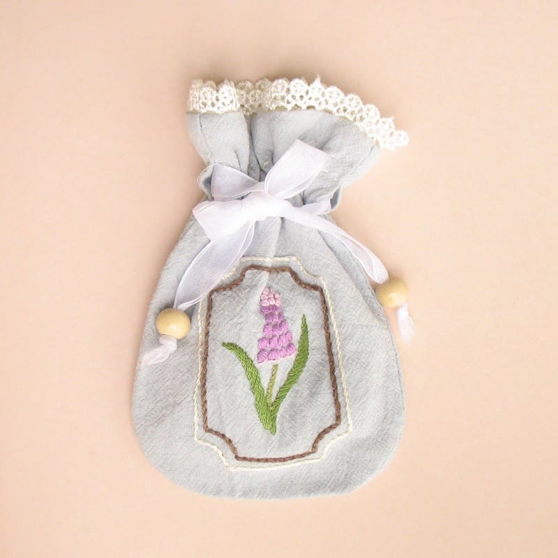 Embroidery Mini Drawstring Pouch Kit | Unique Floral Craft | Perfect Birthday Gift For Her - Hyacinths - Blue bag - image 10