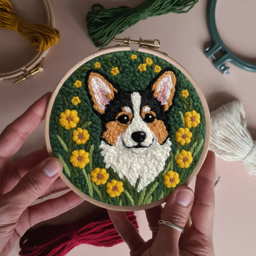 Lively Corgi In Yellow Floral Cluster Punch Needle Kit – Endearing Home Decor | Top Gifting Choice - image 10