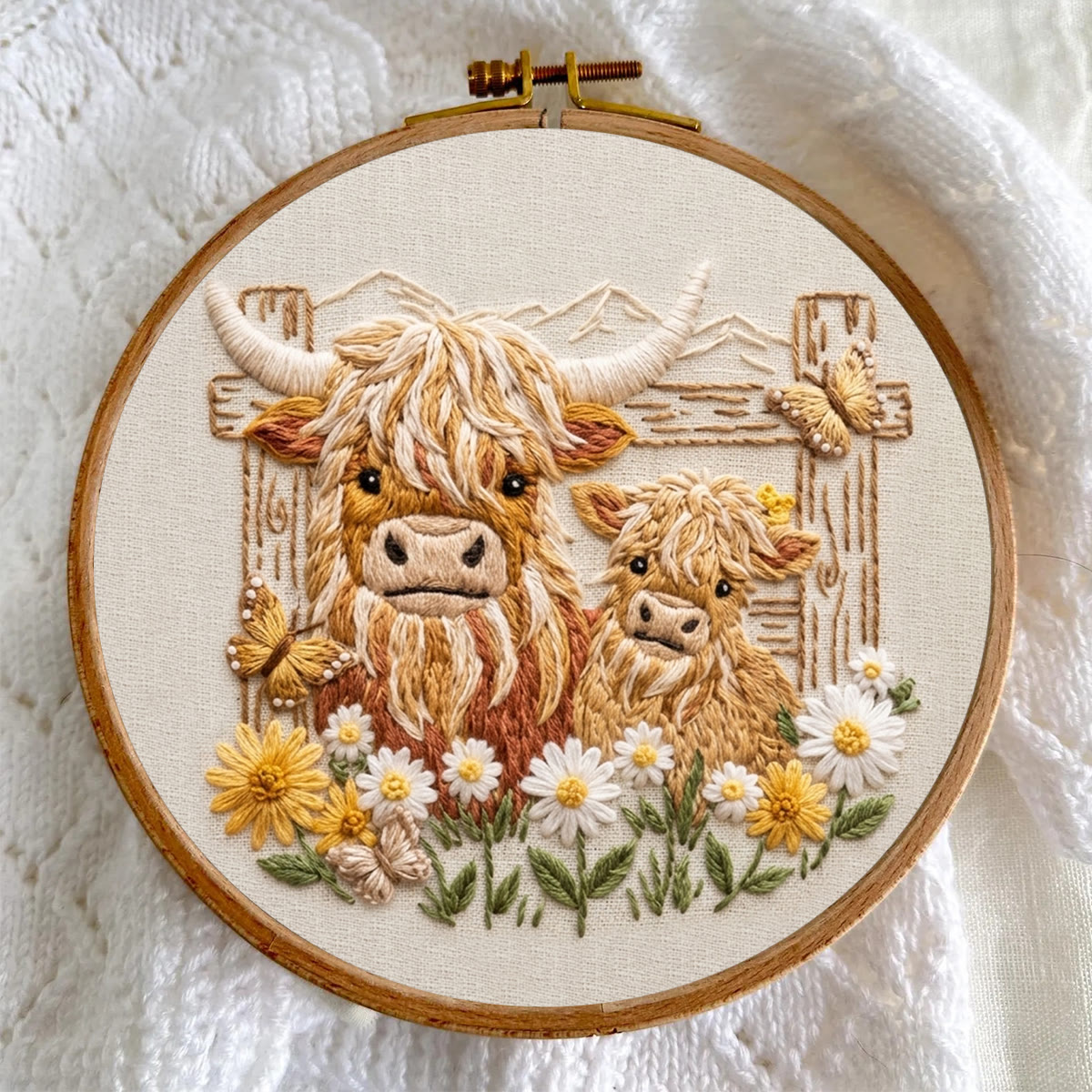 Rubbyoo Embroidery Kit - Highland Cow Pals | DIY Kit For Adults | Rustic Animal Hoop Art - image 4