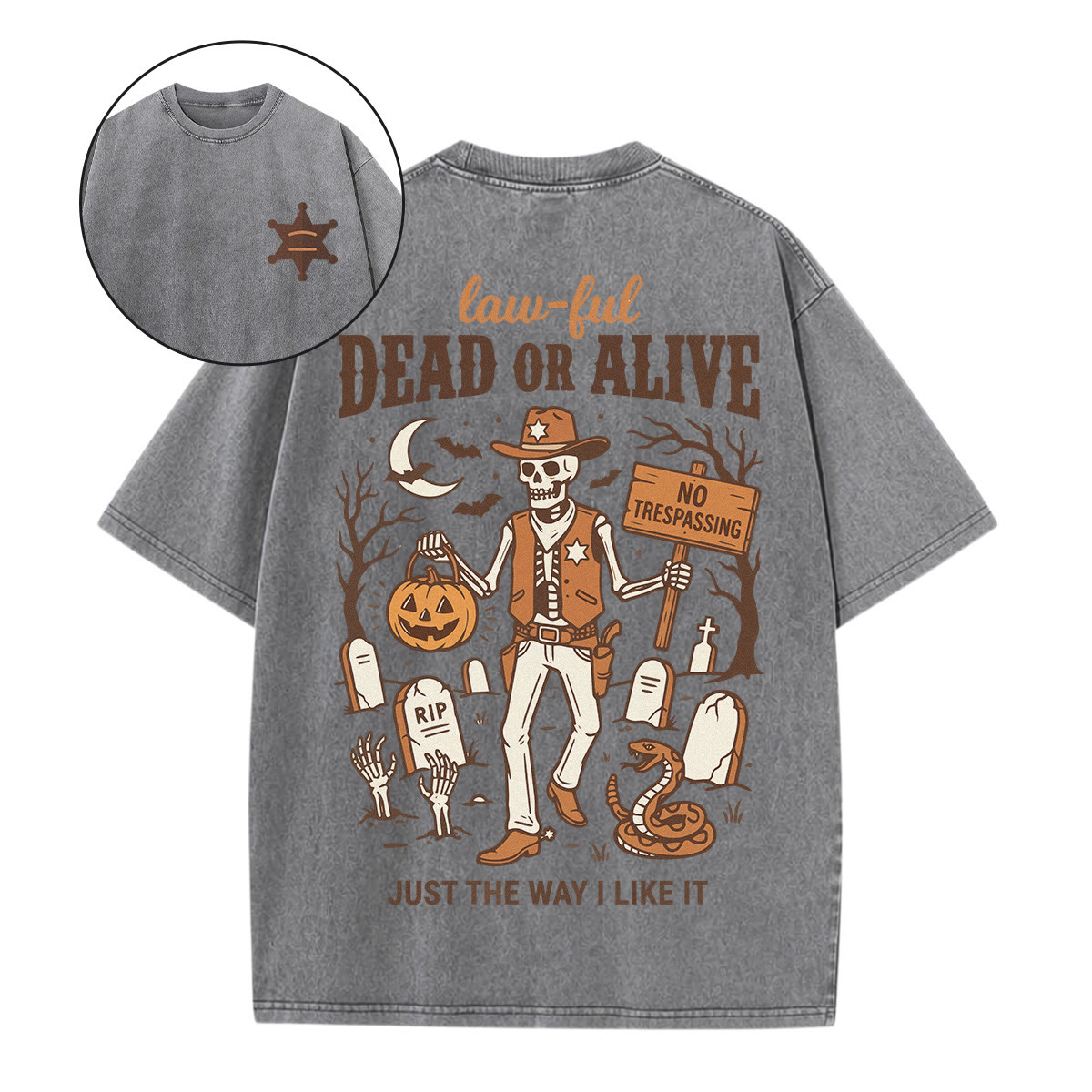 Rubbyoo Dead Or Alive Double Sided Unisex Washed T-shirt Stylish Halloween Look - Grey - 5XL - image 16