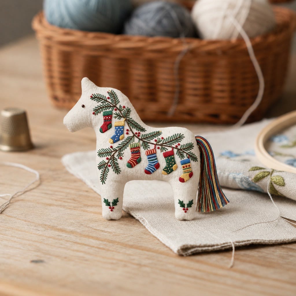 Rubbyoo Dala Horse Embroidery Kit - Christmas Socks Branch | Diy Rustic Evergreen Craft | Cozy Festive Party Decor - image 5