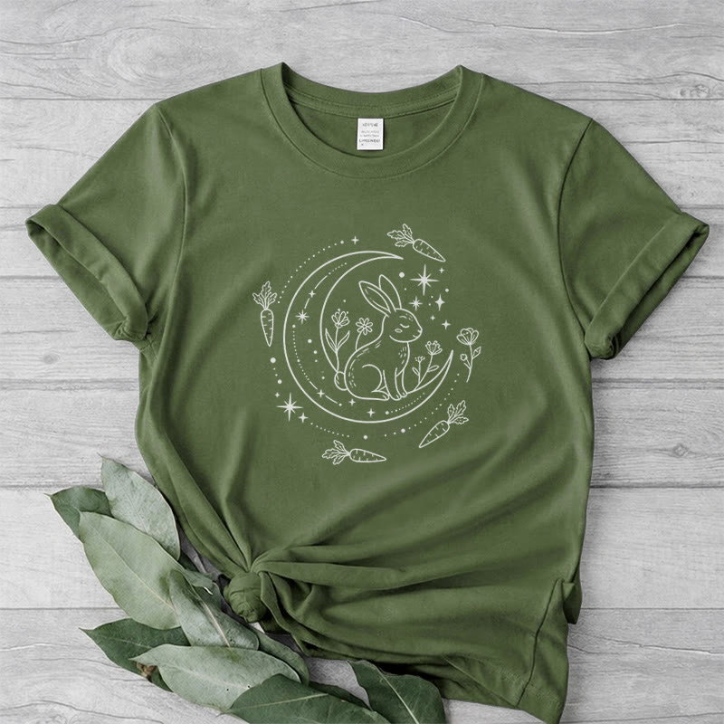 Rubbyoo Celestial Rabbit Graphic Tee  - Fairy-tale Inspired Bunny Pattern | Charming Colorful Crewneck Cloth - Army Green - 2XL - image 10