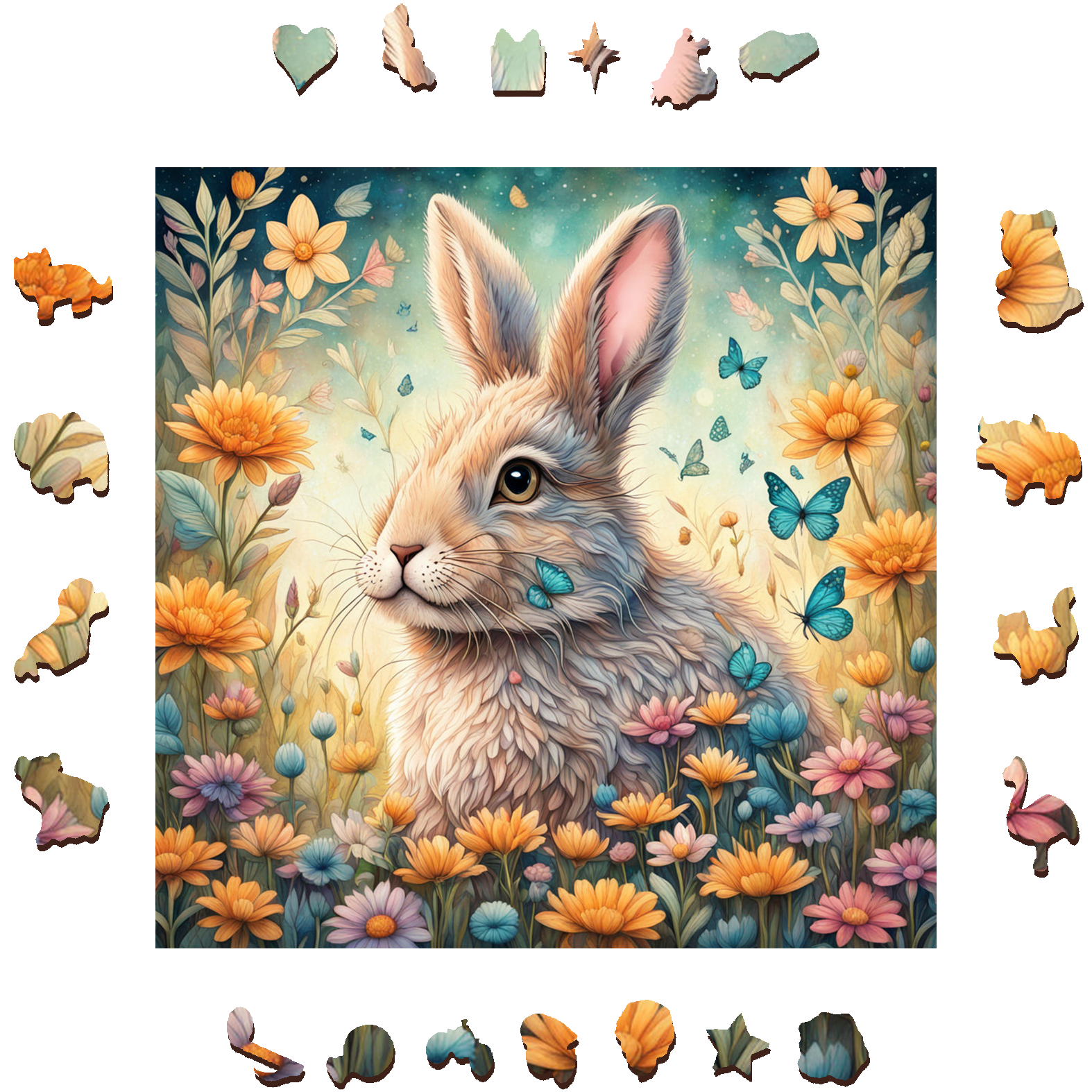 Rabbit Among Butterflies And Flowers - Wooden Jigsaw Puzzle