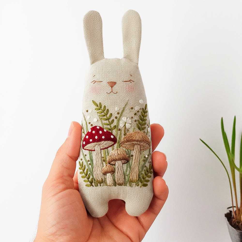 Rubbyoo Bunny Toy Embroidery Kit - Mixed Mushroom And Foliage | Beginner Sewing Kit | Handcrafted Stuffed Bunny - 8 inches hoop kit - image 1