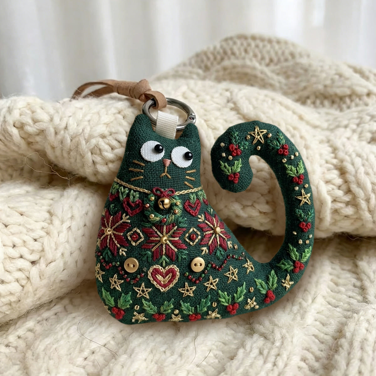 Rubbyoo Cat Embroidery Kit - Holly And Berries | Elegant Gift For Moms | Auto Rearview Mirror Charm - image 6