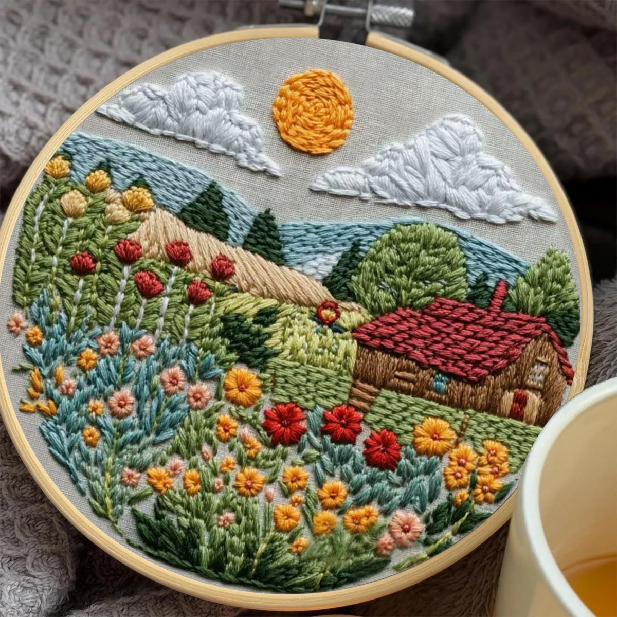 Rubbyoo Embroidery Kit - Sunlit Flower Field Cottage | Vibrant Indoor Wall Accent | Top Gifting Option - image 5