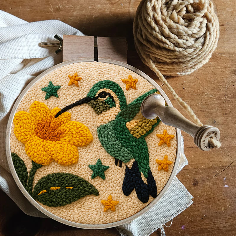 Hummingbird With Yellow Flower And Star Detail Punch Needle Kit – Easy-to-master Diy Craft | Elegant Decor Pendant - image 9