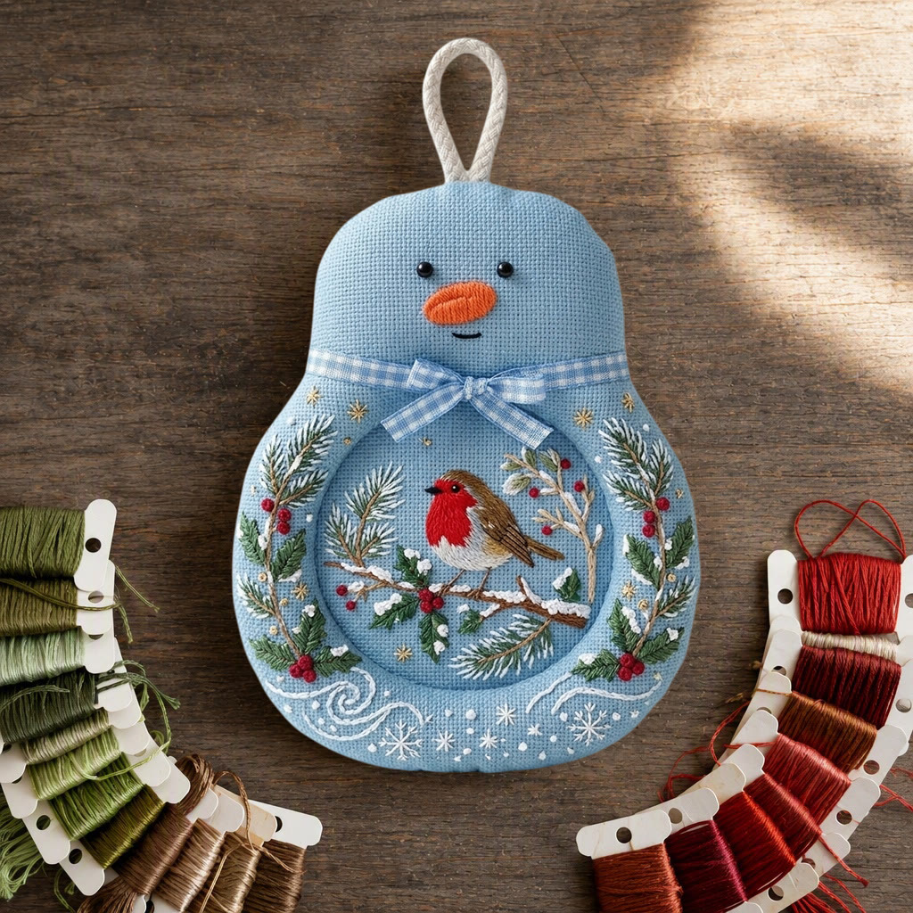 Rubbyoo Snowman Coaster Embroidery Kit - British Christmas Robin | Handmade Mag Mat Gift For The Family | Vintage Winter Holly & Pine Design - image 4