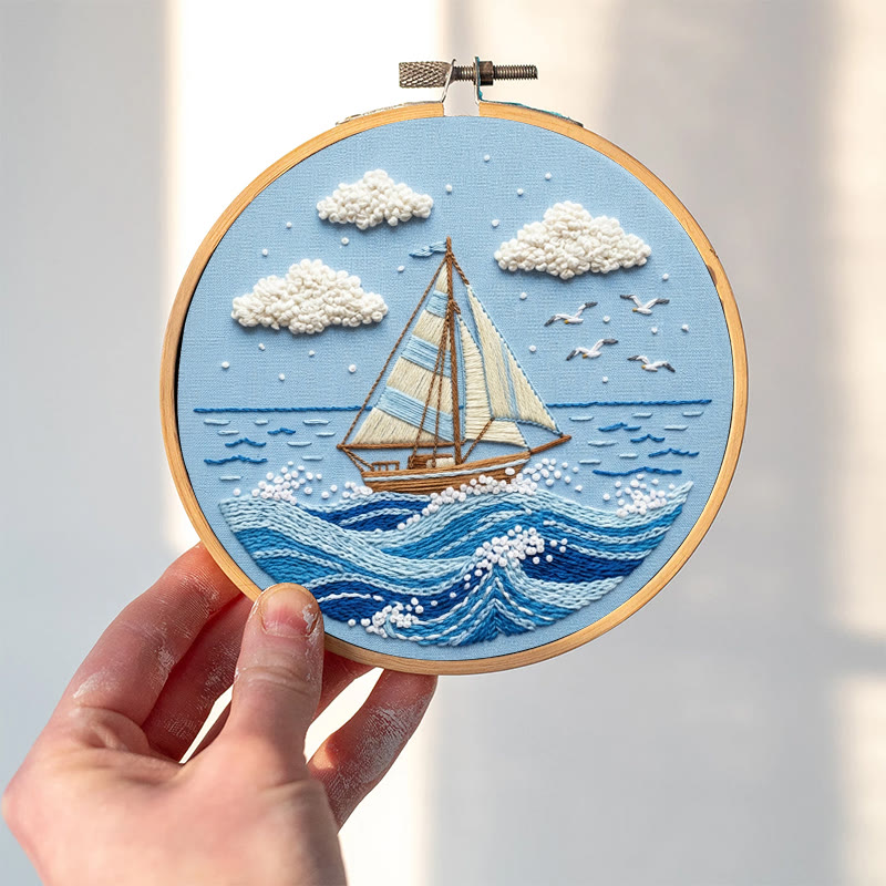 Rubbyoo Embroidery Kit - Sailboat On The Sea | Blue Toned Home Decor | Unique Nautical Gift For Her - image 3