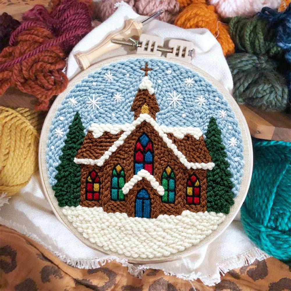 Snowy Stained-glass Church Punch Needle Kit – Novice Needlecraft Hoop | Cozy Winter Home Hanging - image 3