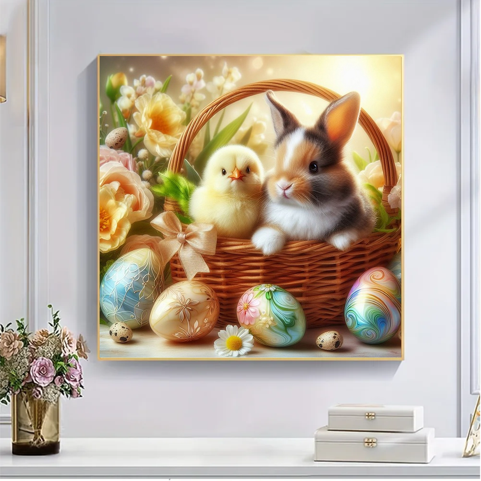 Easter bunny and chicks in flower basket - Wooden Jigsaw Puzzle