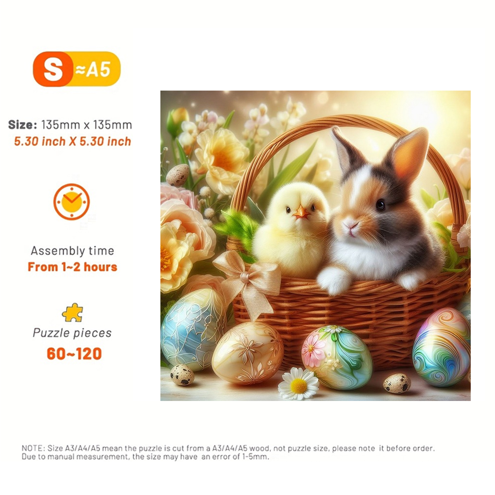 Easter bunny and chicks in flower basket - Wooden Jigsaw Puzzle