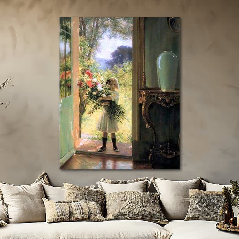 Little girl with huge bouquet - Wooden Jigsaw Puzzle