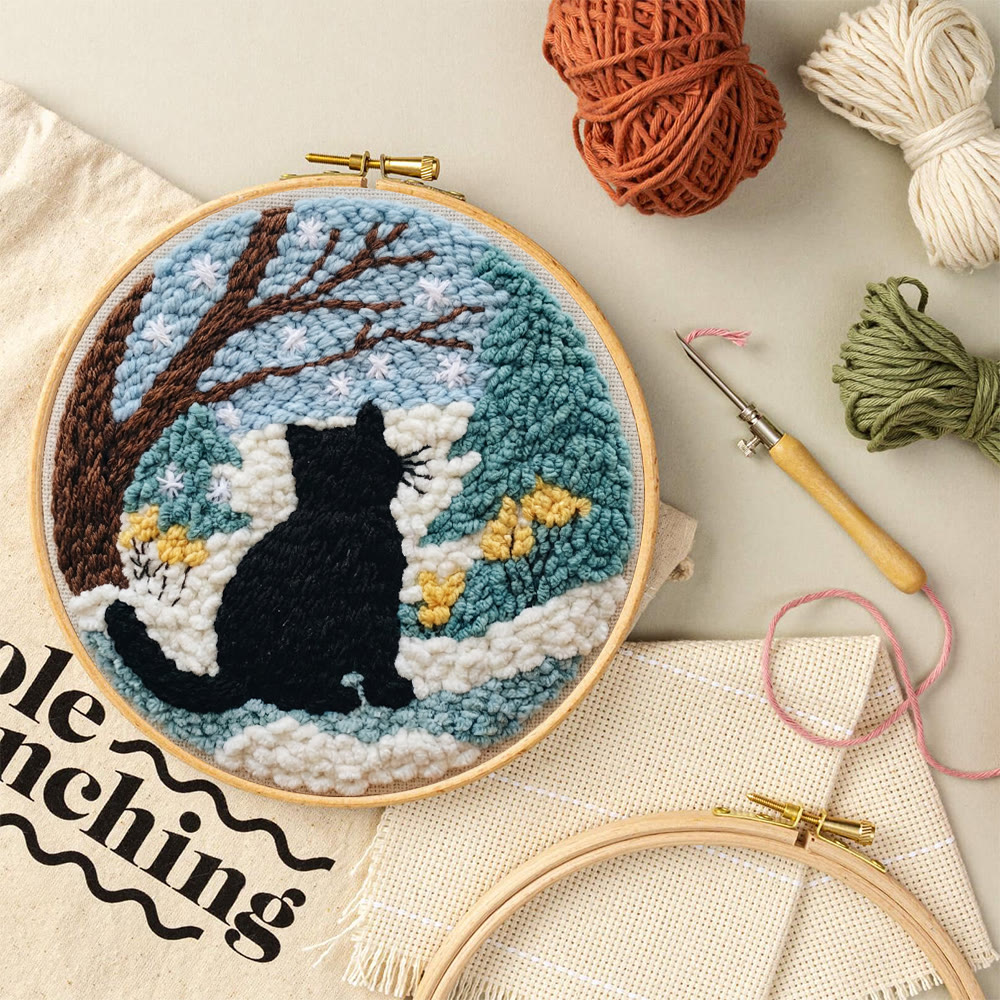 Snowy Winter Black Cat Punch Needle Kit – Starter Hoop Craft | Wintry Home Accent - image 10