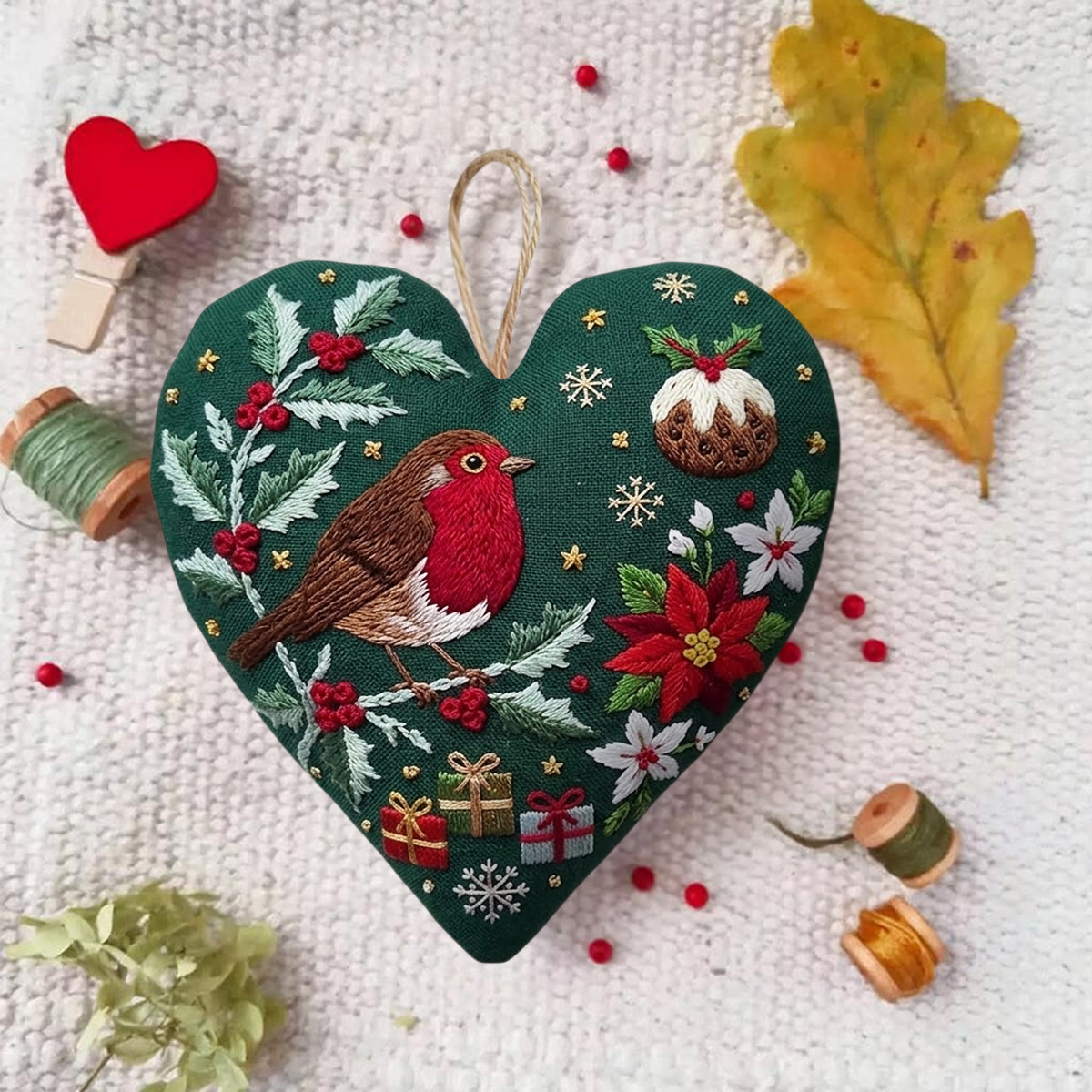 Rubbyoo Heart Embroidery Kit -  Christmas Red Robin | Floral Winter Needlepoint Craft For Kids | Woodland Nature Diy Decor Gift - image 5