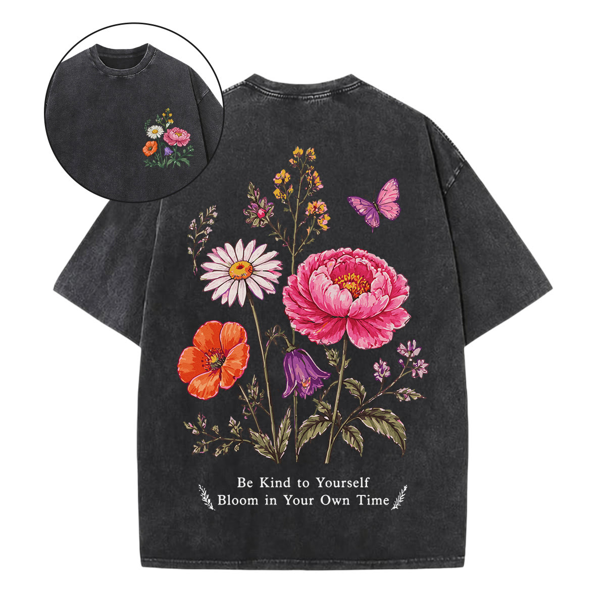 Rubbyoo Bloom In Your Own Time Double Sided Unisex Washed T-shirt Intricate Floral Outfit - Black - 5XL - image 15
