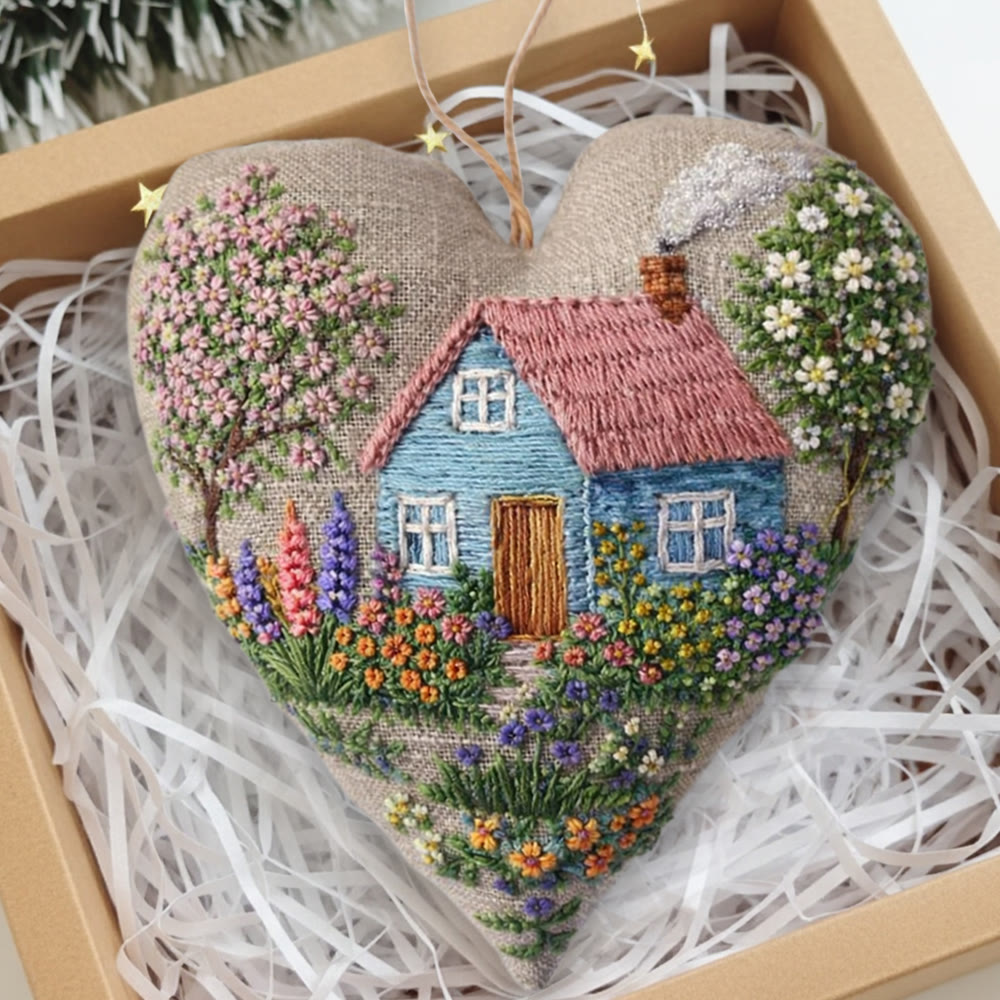 Rubbyoo Heart Embroidery Kit - Cottage With Blossom Landscape Motif | Delicate Handstitched Craft | Cozy Pendant - image 5