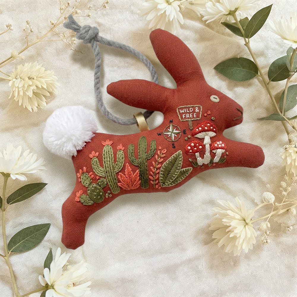 Rubbyoo Rabbit Embroidery Kit - Cactus And Mushroom | Easy Craft Project | Cool Hanging Charm - image 3