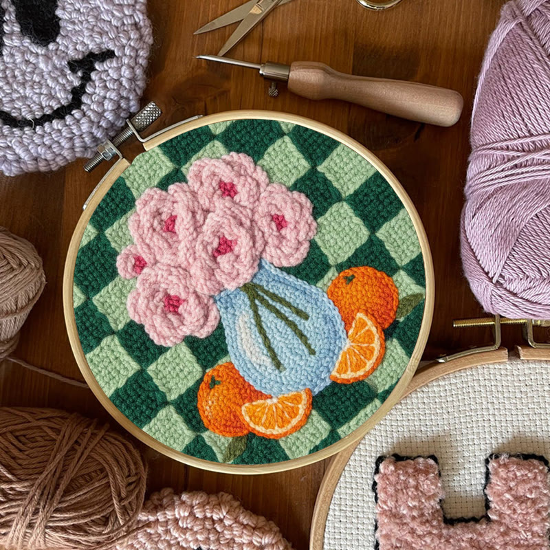 Blush Flower And Orange Checkerboard Punch Needle Kit – Exquisite Handmade Gift | Novice-Friendly DIY Project - image 7