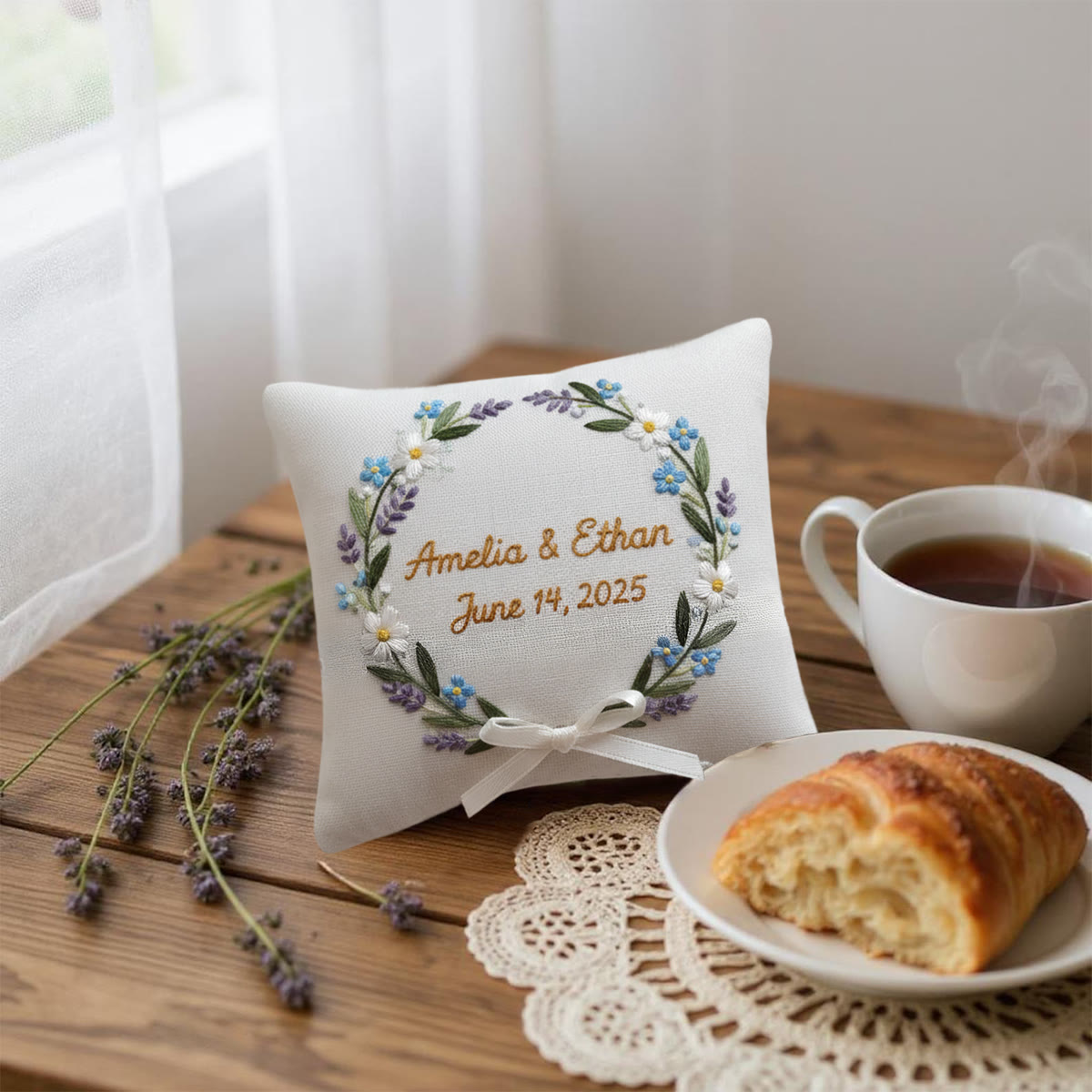 Rubbyoo Personalized Ring Bearer Pillow Embroidery Kit - Blue Daisy Lavender Wreath | Gift-giving Handcraft | Special Date Celebrations - image 6