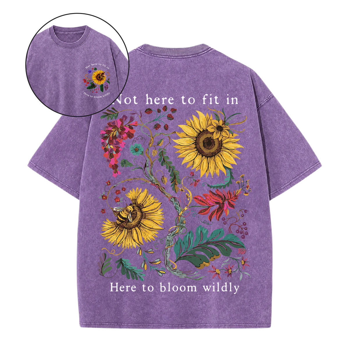 Rubbyoo Not Here To Fit In Double Sided Unisex Washed T-shirt  Artistic Floral Shirt - Purple - 5XL - image 11