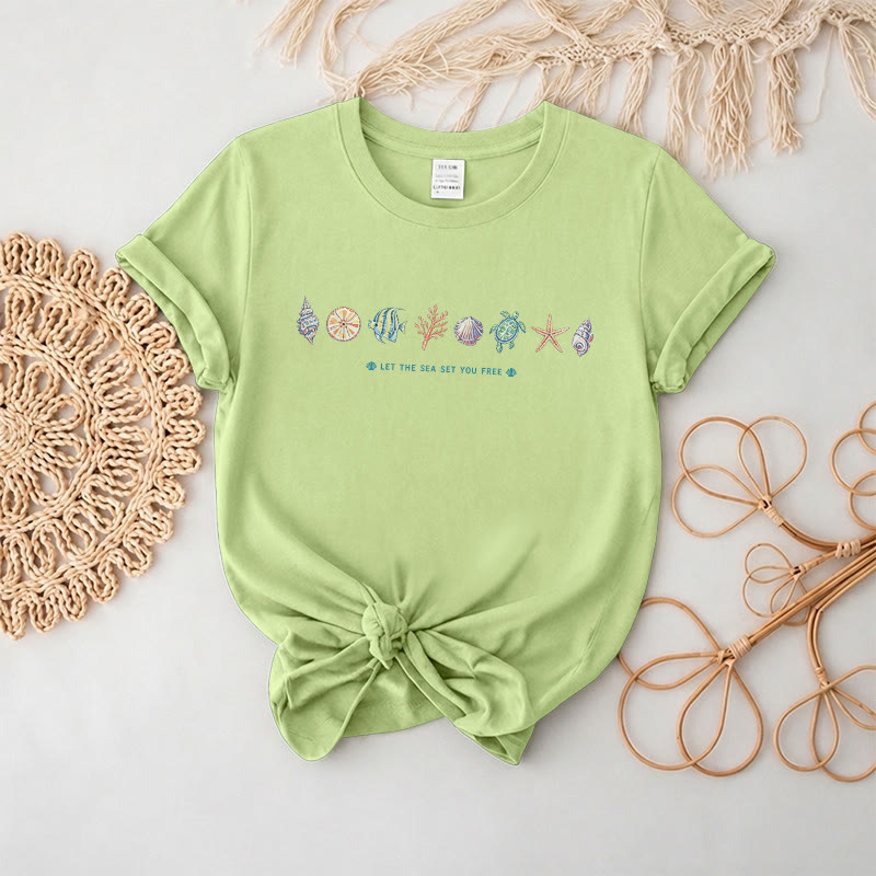 Rubbyoo Beach Day Graphic Tee  - Cartoon Coastal Sketch | Eye-Catching Summer Vacation Look - Matcha Green - 2XL - image 9