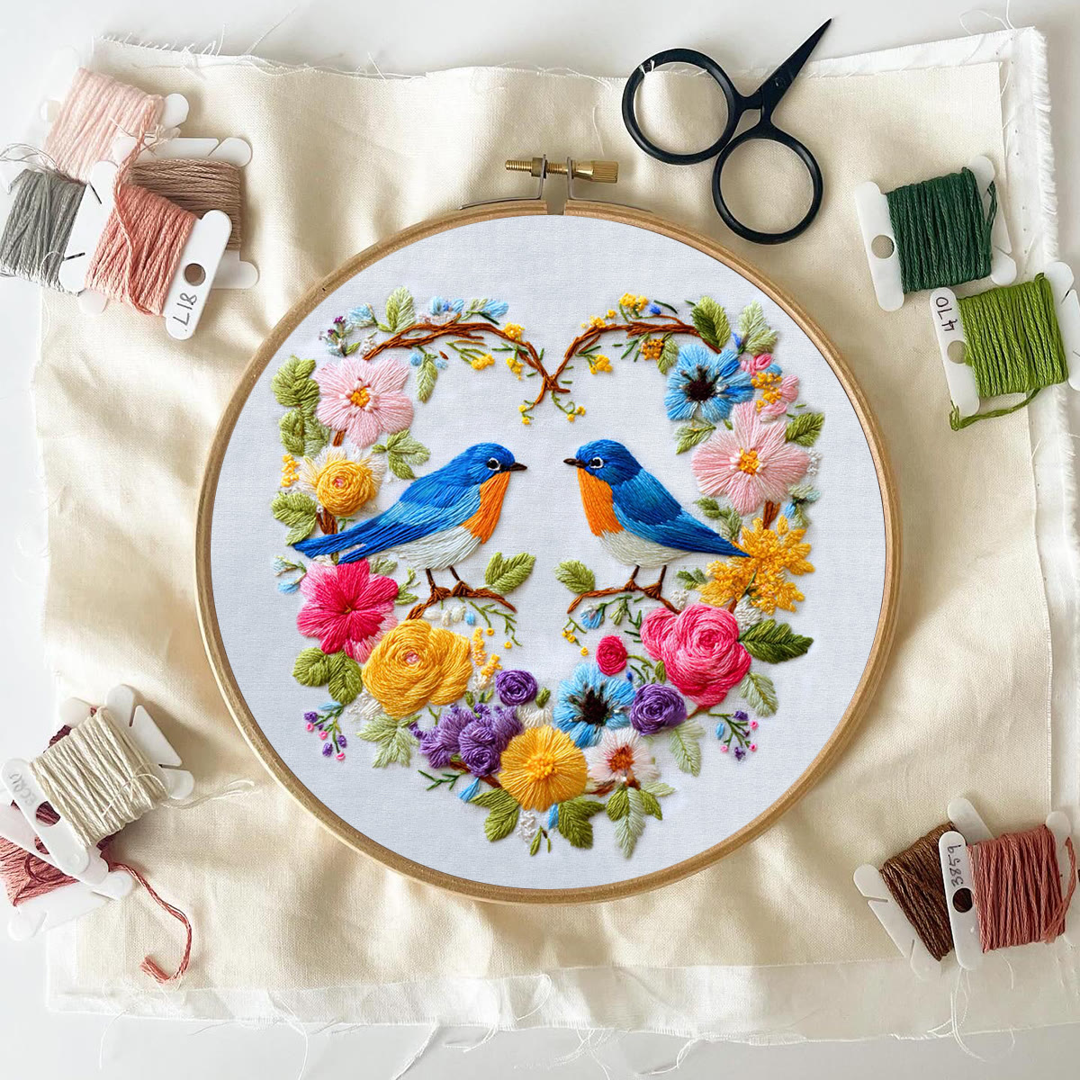 Rubbyoo Embroidery Kit - Two Blue Birds in Heart-Shaped Floral Cluster | Exquisite Embroidered Decor | Handmade Gifting Option - image 6