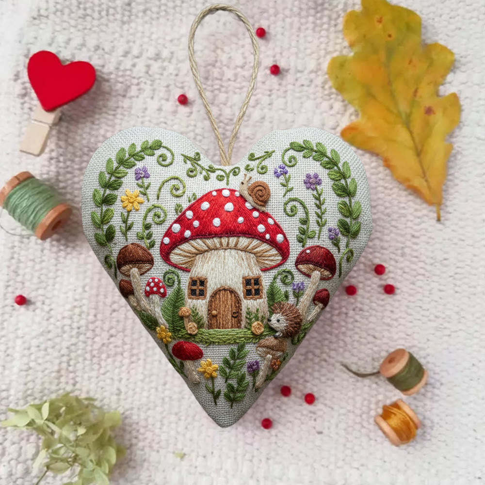 Rubbyoo Heart Embroidery Kit - Mushroom Cottage And Hedgehog | Enchanting Diy | Whimsical Gift Idea - image 4