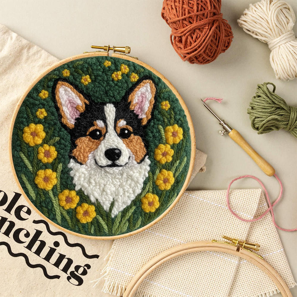Lively Corgi In Yellow Floral Cluster Punch Needle Kit – Endearing Home Decor | Top Gifting Choice - image 9