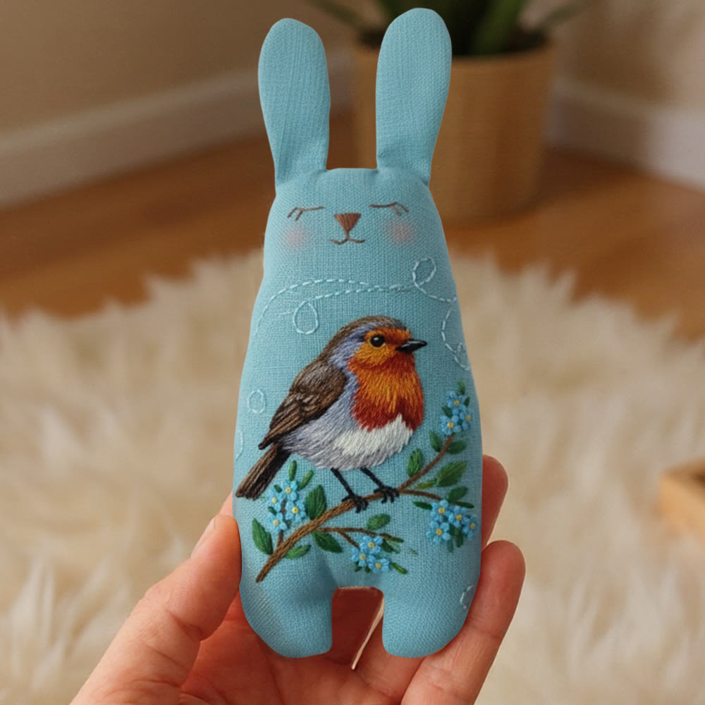 Rubbyoo Bunny Toy Embroidery Kit - Robin On Blue Linen | Novice-friendly Diy | Charming Handmade Gift - image 4