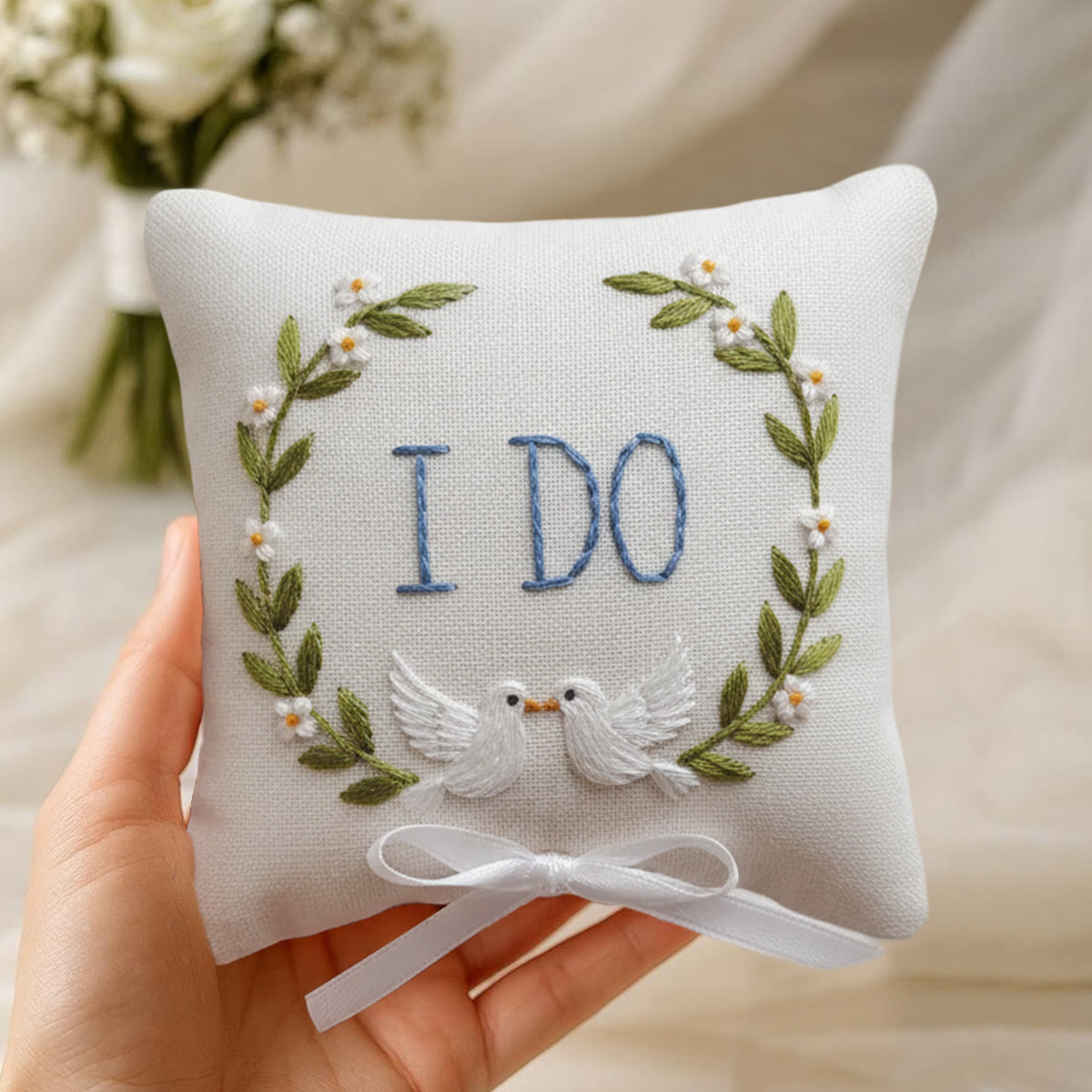 Rubbyoo Personalized Ring Bearer Pillow Embroidery Kit - I Do White Doves Wreath | Personal Handmade Gift  | Proposal Gifts - image 6