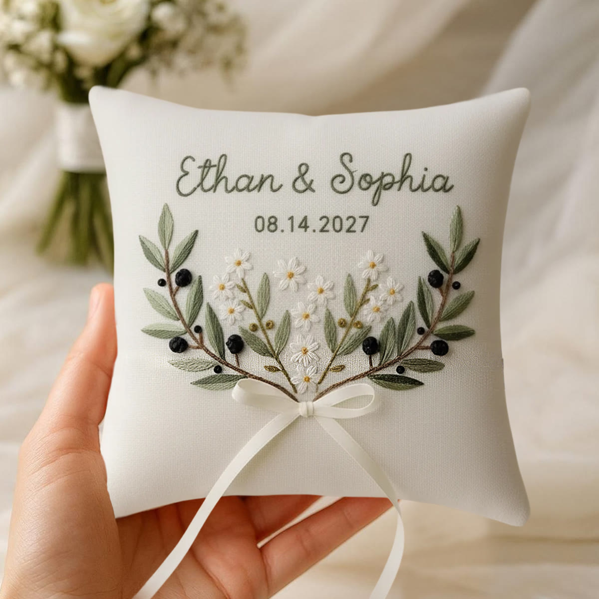 Rubbyoo Personalized Ring Bearer Pillow Embroidery Kit - Olive Branch White Bloom | Delicate Artisanal Handcraft | Thoughtful Milestone Gift - image 6