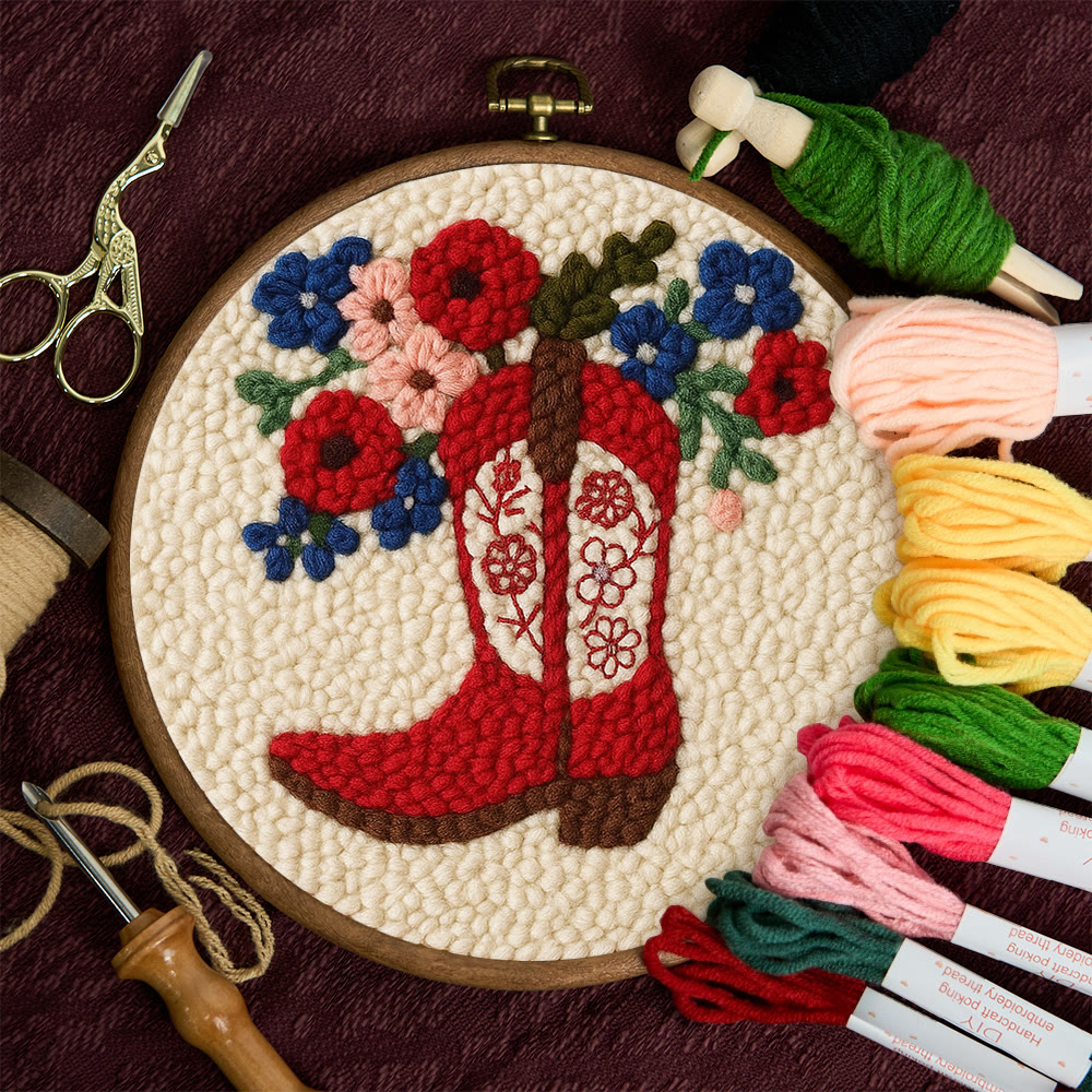 Floral Red Cowboy Boot Punch Needle Kit – Beginner Starter Handcraft | Room Decor Accent - image 11
