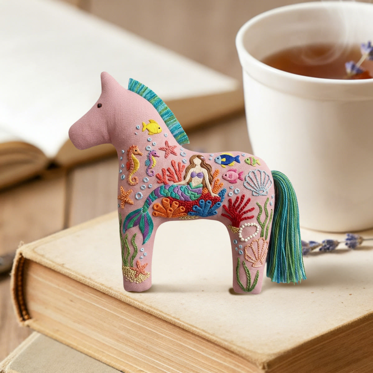 Rubbyoo Dala Horse Embroidery Kit - Pastel Pink Mermaid | Intricate Gift For Her | Summer Bag Charm - image 6