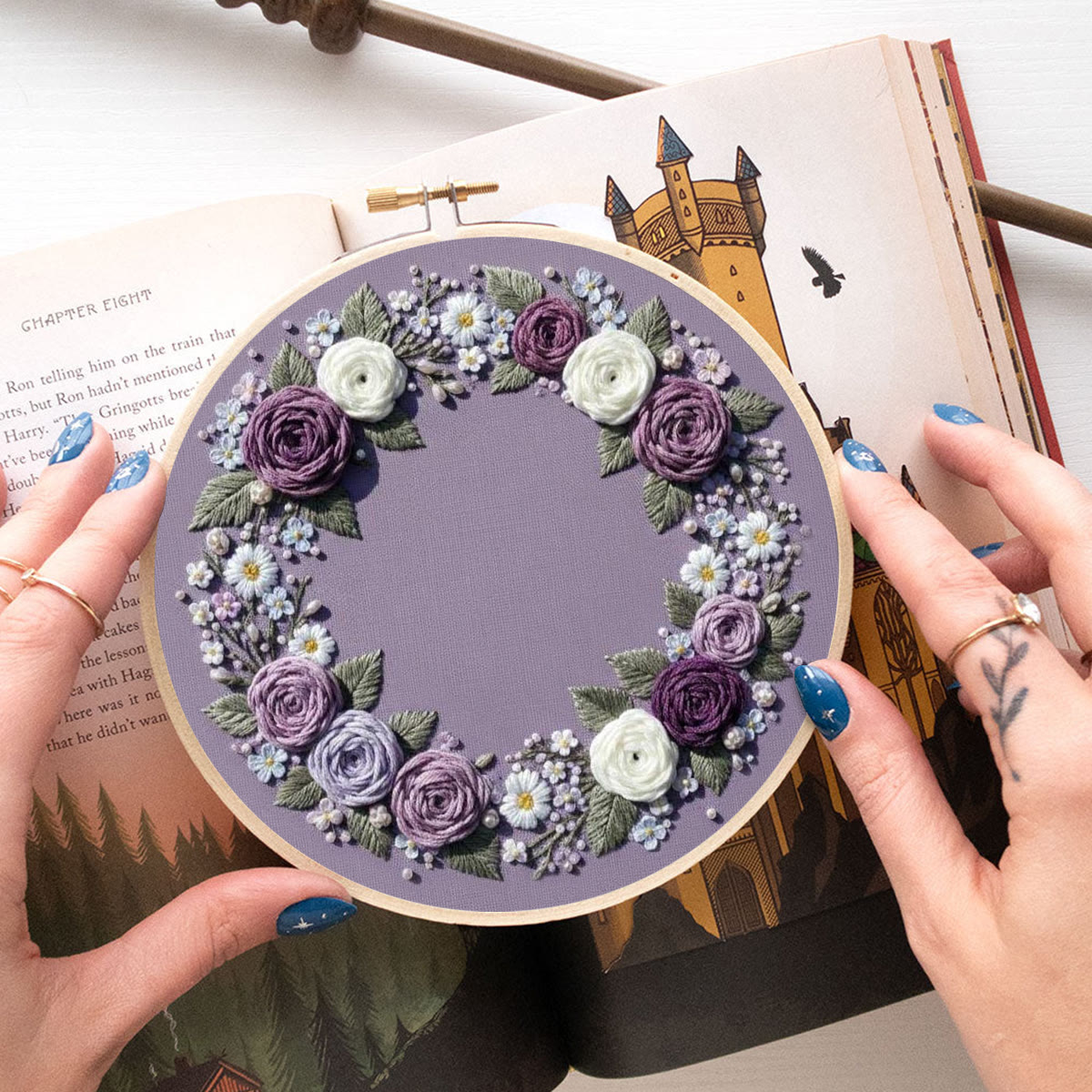 Rubbyoo Embroidery Kit - Purple Flower Wreath | Beginner Botanical Design | Diy Home Decor - image 4