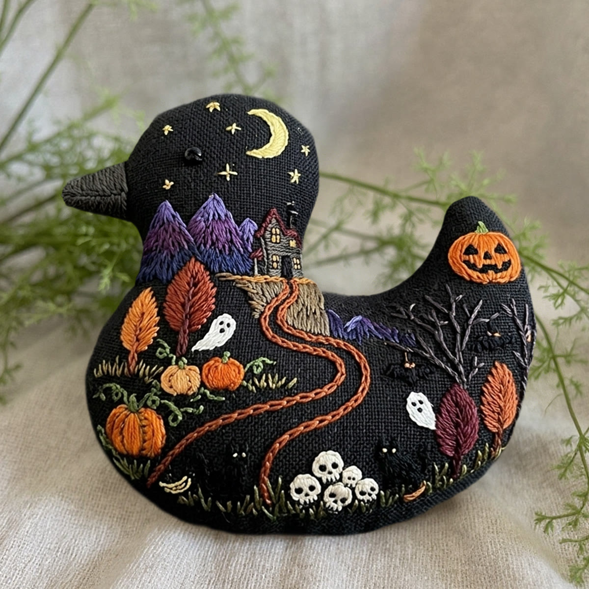 Rubbyoo Duck Embroidery Kit - Spooky Haunted House And Pumpkin Scene | Witchy Gift Ideas | Gothic Bag Charm - image 4