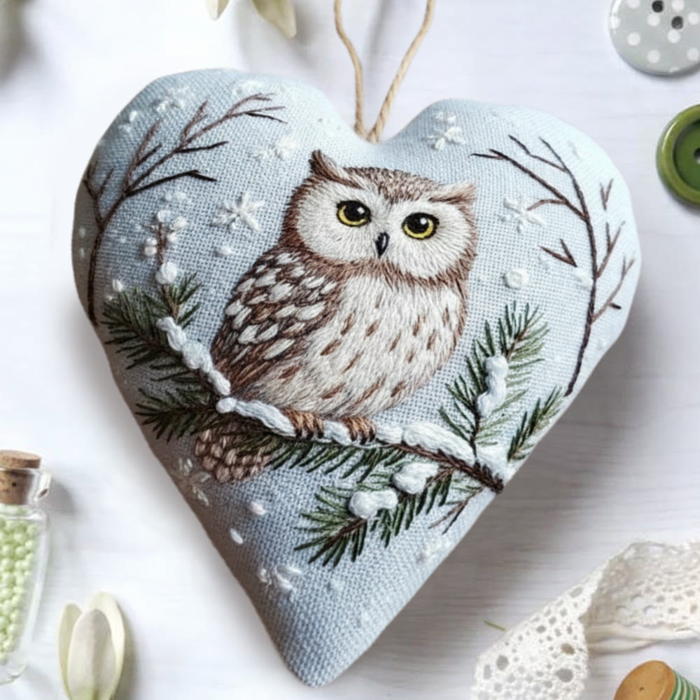 Rubbyoo Heart Embroidery Kit - Snowy Owl Pine Branch | Easy DIY Starter Kit | Festive Winter Home Piece - image 4